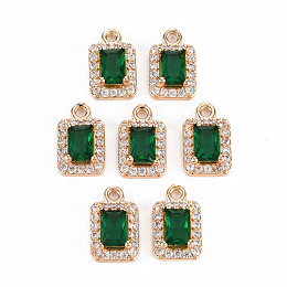 Honeyhandy Rack Plating Brass Micro Pave Clear Cubic Zirconia Charms, with Faceted Glass, Long-Lasting Plated, Cadmium Free & Lead Free, Rectangle, Green, 13x8x4.5mm, Hole: 1.4mm