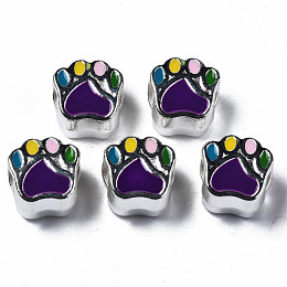 ARRICRAFT Alloy Enamel European Beads, Large Hole Beads, Cadmium Free & Lead Free, Platinum, Bear Paw Prints, Colorful, 11x11x7.5mm, Hole: 4.5mm