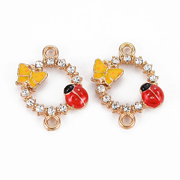 Honeyhandy Alloy Links Connectors, with Enamel and Crystal Rhinestone, Light Gold, Ring with Ladybird & Butterfly, Gold & Red, Mixed Color, 22x18x3mm, Hole: 2mm