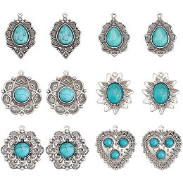 Pandahall Elite 12pcs 6 Styles Tibetan Style Pendants Retro Synthetic Turquoise Charms Flower Teardrop Pendants for Big Dangle Turquoise Earrings Nacklace Jewelry Making