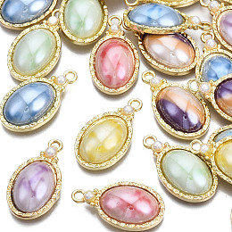 Rack Plating Alloy Pendants, with Porcelain and ABS Plastic Imitation Pearl, Long-Lasting Plated, Golden, Cadmium Free & Lead Free, Oval, Mixed Color, 23.5x13x5.5mm, Hole: 2mm