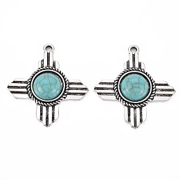 Honeyhandy Tibetan Style Alloy Pendants, with Synthetic Turquoise, Cadmium Free & Lead Free, Cross, Antique Silver, 36.8x34x7mm, Hole: 2.3mm