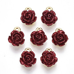 Honeyhandy Rack Plating Alloy Charms, with ABS Plastic, Cadmium Free & Lead Free, Rose Flower with Letter K, Dark Red, Light Gold, 10.5~11.5x8.5x5mm, Hole: 1.4mm