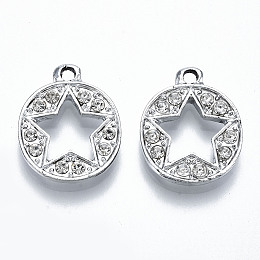 Honeyhandy UV Plated Alloy Pendants, with Crystal Rhinestone, Flat Round with Hollow Star, Cadmium Free & Lead Free, Platinum, 19x15x3mm, Hole: 1.8mm