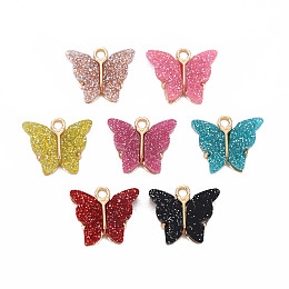 Honeyhandy Resin Pendants, with Glitter Powder and Light Gold Plated Alloy Findings, Cadmium Free & Lead Free, Butterfly, , Mixed Color, 14x16x3.5mm, Hole: 1.6mm