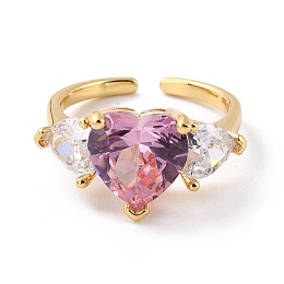 Honeyhandy Sparkling Heart Cubic Zirconia Cuff Ring for Valentine's Day, Real 18K Gold Plated Open Ring, Cadmium Free & Lead Free, Pink, US Size 6 1/2(16.9mm)