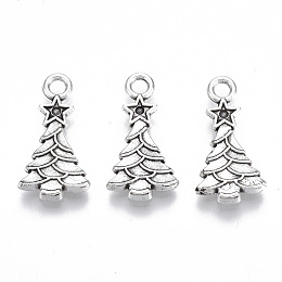 Honeyhandy Tibetan Style Alloy Pendants, Lead Free & Cadmium Free, Christmas Theme, Christmas Tree, Antique Silver, 20.5x10.5x2.5mm, Hole: 2mm, about 450pcs/500g