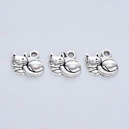 Honeyhandy Tibetan Style Alloy Kitten Pendants, Cadmium Free & Lead Free, Cat with Roll Over Shape, Antique Silver, 13x14x3mm, Hole: 2mm, about 625pcs/500g