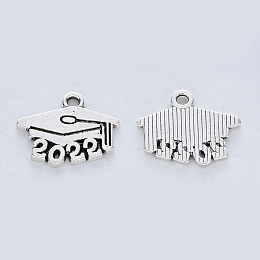 Honeyhandy Tibetan Style Alloy Pendants, Graduation Trencher Cap with Number 2022, Cadmium Free & Lead Free, Antique Silver, 14x17.5x1.5mm, Hole: 1.8mm, about 454pcs/500g