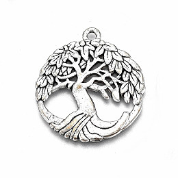 Honeyhandy Tibetan Style Alloy Pendants, Lead Free & Cadmium Free, Flat Round with Tree of Life, Antique Silver, 34x30x1.5mm, Hole: 2mm, about 120pcs/500g