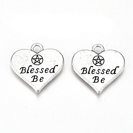 Honeyhandy Tibetan Style Alloy Pendants, Lead Free & Cadmium Free, Heart with Word Blessed Be & Pentacle, Antique Silver, 19x19x2mm, Hole: 2mm, about 210pcs/500g