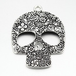 Honeyhandy Tibetan Style Zinc Alloy Big Pendants, Lead Free & Cadmium Free, Sugar Skull, For Mexico Holiday Day of the Dead, Antique Silver, 66x49x6mm, Hole: 4mm, about 32pcs/500g
