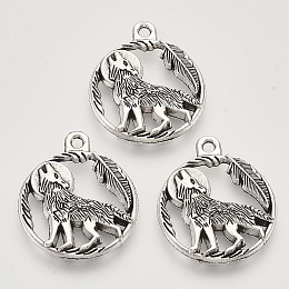 Honeyhandy Tibetan Style Alloy Howling Wolf Pendants, Cadmium Free & Lead Free, Flat Round with Wolf, Antique Silver, 25.5x21x3mm, Hole: 1.8mm, about 215pcs/500g