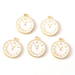 Honeyhandy Alloy Enamel Pendants, Light Gold, Cadmium Free & Lead Free, Clock, Creamy White, 17x14x2mm, Hole: 1.2mm