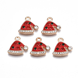 Honeyhandy Alloy Enamel Pendants, with Colorful Rhinestone, Cadmium Free & Lead Free, Christmas Hat, Light Gold, Red, 15.5x16x2.5mm, Hole: 2mm