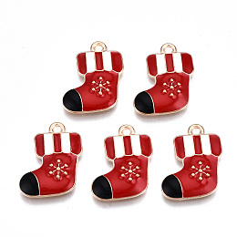 ARRICRAFT Alloy Enamel Pendants, Cadmium Free & Lead Free, Christmas Sock, Light Gold, Red, 19x15.5x2.5mm, Hole: 1.6mm