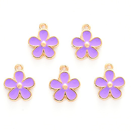 Honeyhandy Alloy Enamel Charms, Cadmium Free & Lead Free, Light Gold, Flower, Purple, 15x13x2.5mm, Hole: 1.5mm