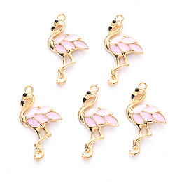 Honeyhandy Alloy Enamel Pendants, Cadmium Free & Lead Free, Light Gold, Flamingo Shape, Pink, 29.5x16x3mm, Hole: 1.6mm