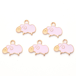 Honeyhandy Alloy Enamel Pendants, Cadmium Free & Lead Free, Light Gold, Sheep, Pink, 19x15x1mm, Hole: 2mm