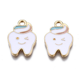 Honeyhandy Alloy Pendants, with Enamel, Cadmium Free & Lead Free, Light Gold, Tooth, White, 17.5x12.5x1.5mm, Hole: 1.8mm