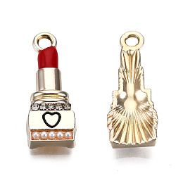 Honeyhandy Alloy Crystal Rhinestone Pendants, with Enamel and ABS Plastic Imitation Pearl Bead, Cadmium Free & Lead Free, Light Gold, Lipstick, Red, 22x8x3mm, Hole: 2mm