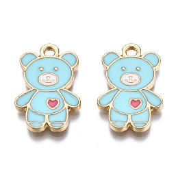 Honeyhandy Alloy Pendants, with Enamel, Cadmium Free & Lead Free, Light Gold, Bear with Heart, Pale Turquoise, 19.5x13x1.5mm, Hole: 2mm