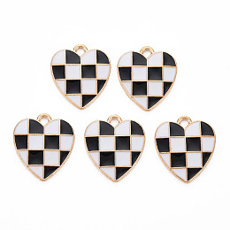 Honeyhandy Alloy Enamel Pendants, Cadmium Free & Lead Free, Light Gold, Heart with Grid, Black, 17.5x15.5x1.5mm, Hole: 1.8mm