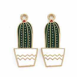 ARRICRAFT Rack Plating Alloy Enamel Pendants, Cadmium Free & Lead Free, Cactus, Light Gold, Dark Green, 40.5x17.5x2mm, Hole: 2.5mm