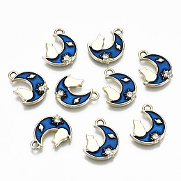 Honeyhandy Alloy Enamel Pendants, with Rhinestone with Glitter Powder, Cadmium Free & Lead Free, Moon with Cat, Light Gold, Blue, 15x11.5x2.5mm, Hole: 1.6mm