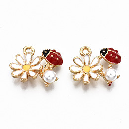 Honeyhandy Alloy Enamel Pendants, Cadmium Free & Lead Free, ABS Plastic Imitation Pearl, Flower with Ladybug, Light Gold, Colorful, 13x16x4mm, Hole: 1.6mm