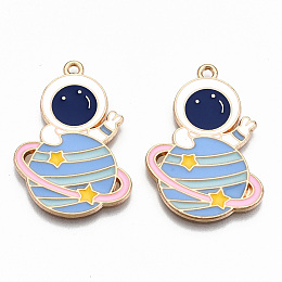 Honeyhandy Alloy Enamel Pendants, Cadmium Free & Lead Free, Spaceman with Planet, Light Gold, Colorful, 32.5x22x1.5mm, Hole: 1.6mm