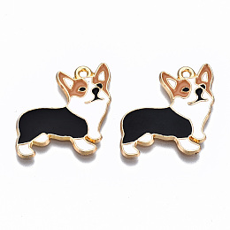 Honeyhandy Alloy Enamel Pendants, Cadmium Free & Lead Free, Light Gold, Welsh Corgi, Black, 23x24.5x1mm, Hole: 1.6mm