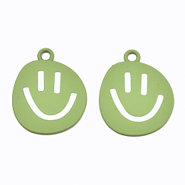 Honeyhandy Spray Painted Alloy Pendants,  Cadmium Free & Lead Free, with Enamel, Smiling Face, Yellow Green, 24x19.5x1mm, Hole: 2mm