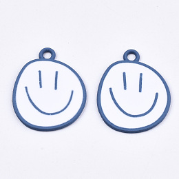 Honeyhandy Spray Painted Alloy Pendants,  Cadmium Free & Lead Free, with White Enamel, Smiling Face, Cornflower Blue, 24x20x1mm, Hole: 2mm