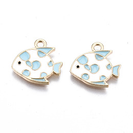 Honeyhandy Light Gold Plated Alloy Enamel Pendants, Cadmium Free & Lead Free, Fish, Cyan, 15x16x1.5mm, Hole: 1.8mm