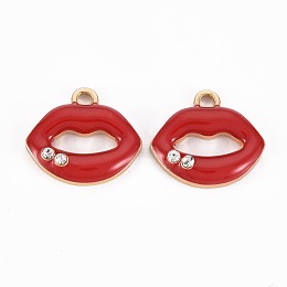 Honeyhandy Golden Plated Alloy Enamel Pendants, with Crystal Rhinestones, Lip, Cadmium Free & Lead Free, Red, 15x17x4mm, Hole: 2mm