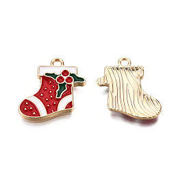 Honeyhandy Golden Plated Alloy Enamel Pendants, for Christmas, Christmas Sock, Cadmium Free & Lead Free, Red, 19x17.5x2.5mm, Hole: 2mm