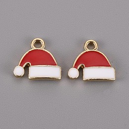 Honeyhandy Golden Plated Alloy Enamel Charms, for Christmas, Christmas Hat, Cadmium Free & Lead Free, Red, 12x13x2.5mm, Hole: 1.8mm