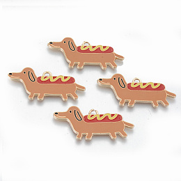 Honeyhandy Alloy Enamel Pendants, Cadmium Free & Lead Free, Dog with Hot Dog, Light Gold, Sienna, 17.5x37.5x1.5mm, Hole: 2mm