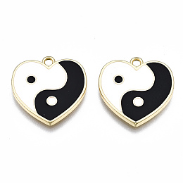 Honeyhandy Rack Plating Alloy Enamel Pendants, Cadmium Free & Lead Free, Heart with Yin Yang, Light Gold, White, 18.5x18.5x2mm, Hole: 1.5mm