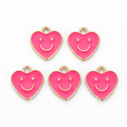 Honeyhandy Alloy Enamel Charms, Cadmium Free & Lead Free, Light Gold, Heart with Smile, Deep Pink, 13x12x1.5mm, Hole: 1.6mm