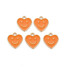 Honeyhandy Alloy Enamel Charms, Cadmium Free & Lead Free, Light Gold, Heart with Smile, Orange, 13x12x1.5mm, Hole: 1.6mm