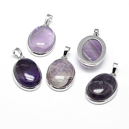 Honeyhandy Oval Platinum Plated Brass Natural Amethyst Pendants, Cadmium Free & Lead Free, 31x20x7.5mm, Hole: 5x8mm