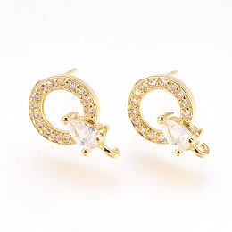 Honeyhandy Brass Micro Pave Cubic Zirconia Stud Earring Findings, with Loop, Lead Free & Cadmium Free, Ring with Teardrop, Clear, Golden, 13.5x9x4mm, Hole: 1mm, Pin:0.6mm