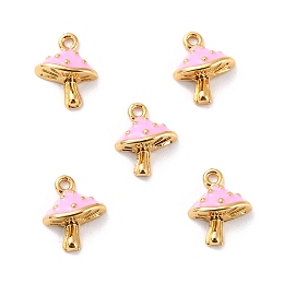 Honeyhandy Brass Enamel Pendants, Long-Lasting Plated, Cadmium Free & Lead Free, Real 18K Gold Plated, Mushroom, Pink, 9.5x7.5x3.5mm, Hole: 1mm