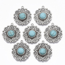 Honeyhandy Tibetan Style Alloy Pendants, with Synthetic Turquoise, Cadmium Free & Lead Free, Flower, Antique Silver, 35x31x8mm, Hole: 1.6mm