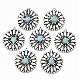 Honeyhandy Tibetan Style Alloy Pendants, with Synthetic Turquoise, Cadmium Free & Lead Free, Flower, Antique Silver, 34x30x6mm, Hole: 1.8mm