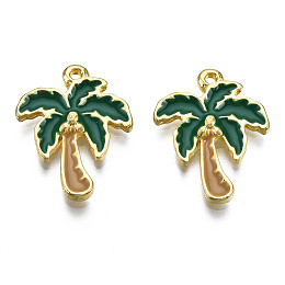 Honeyhandy Alloy Enamel Pendants, Cadmium Free & Lead Free, Golden, Coconut Tree, Green, 19x15x2.5mm, Hole: 1.2mm