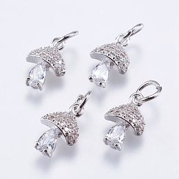 Honeyhandy Brass Micro Pave Cubic Zirconia Charms, Cadmium Free & Lead Free, Mushroom, Real Platinum Plated, 11x7.5x4mm, Hole: 3mm