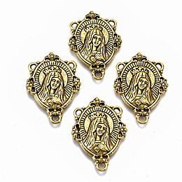 Honeyhandy Tibetan Style Alloy Chandelier Component Links, 3 Loop Connectors, Chandelier Component Links, 3 Loop Connectors, for Religion, Cadmium Free & Lead Free, Oval with Virgin Mary & Words, Antique Golden, 29x20x3mm, Hole: 1.8mm and 1mm